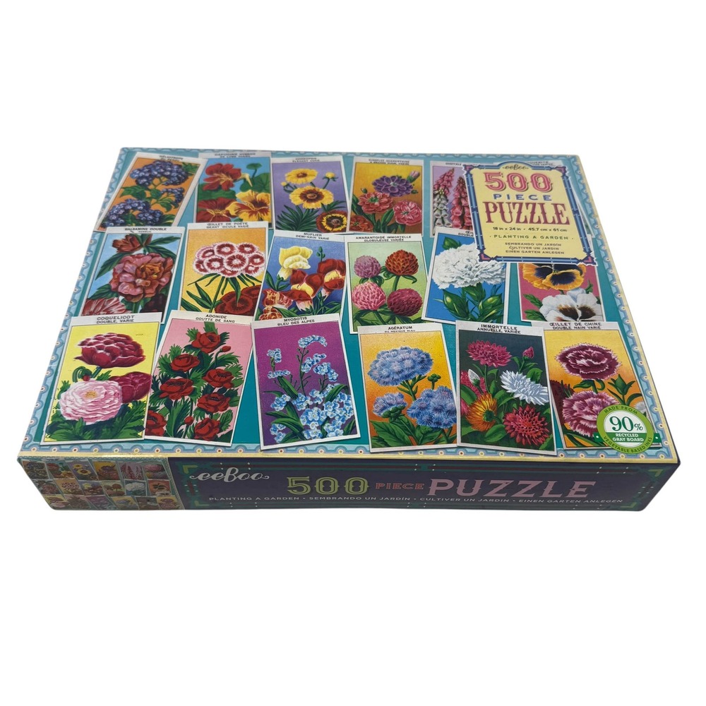 eeBoo Planting a Garden 500 Puzzle Floral Botanical Vtg Seed Packets UNCOUNTED